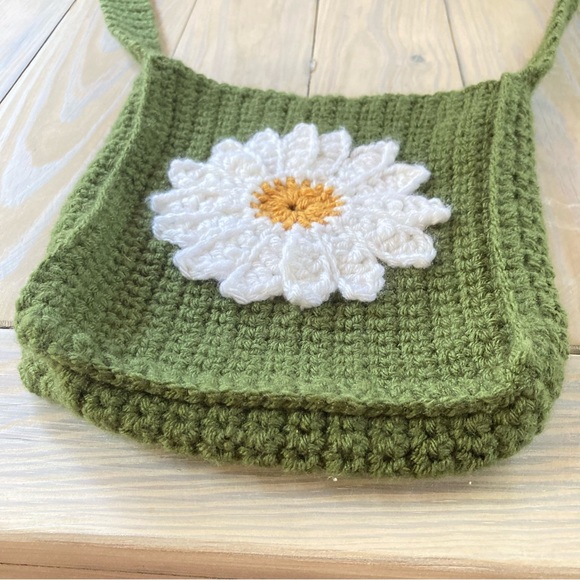 SUNFLOWER Army Green Crochet Mini Tote Bag 6 x 8.5 x 2 inches - Picture 4 of 8